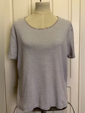 Karen Scott Round Neck Shirt Top-Brown White Striped-Short Sleeve-100% Cotton-L